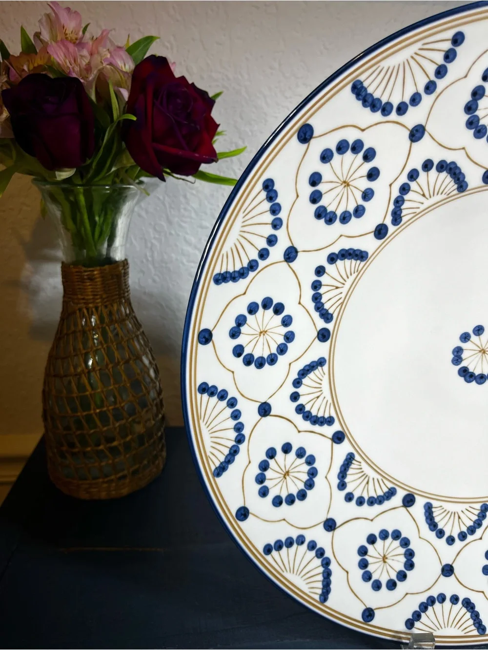 Porcelain Charger Blue Dots, Gold Mosaic Vintage Modern by Thomas O’Brien